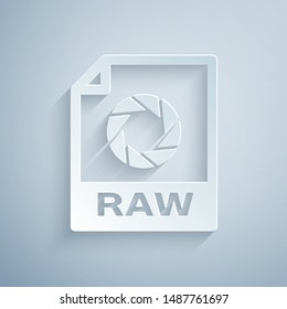 Paper cut RAW file document. Download raw button icon isolated on grey background. RAW file symbol. Paper art style. Vector Illustration