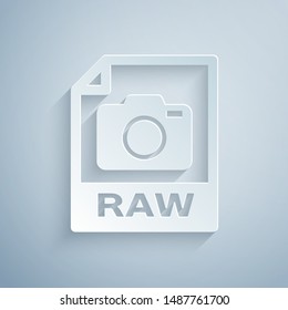 Paper cut RAW file document. Download raw button icon isolated on grey background. RAW file symbol. Paper art style. Vector Illustration