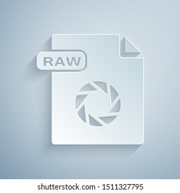 Paper cut RAW file document. Download raw button icon isolated on grey background. RAW file symbol. Paper art style. Vector Illustration