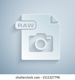 Paper cut RAW file document. Download raw button icon isolated on grey background. RAW file symbol. Paper art style. Vector Illustration