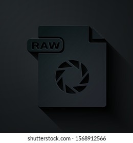 Paper cut RAW file document. Download raw button icon isolated on black background. RAW file symbol. Paper art style. Vector Illustration