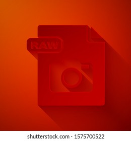 Paper cut RAW file document. Download raw button icon isolated on red background. RAW file symbol. Paper art style. Vector Illustration