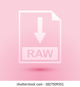 Paper cut RAW file document icon. Download RAW button icon isolated on pink background. Paper art style. Vector.