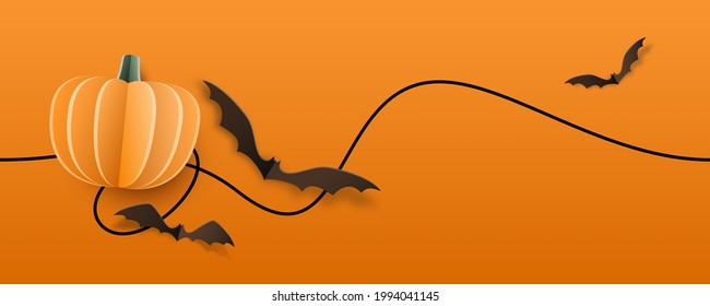 Paper cut realistic pumpkin and bats with continuous seamless line border on orange background for happy halloween greeting card, invitation, vector banner. Copy space for text at right side