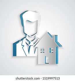 Paper cut Realtor icon isolated on grey background. Buying house. Paper art style. Vector Illustration