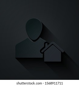 Paper cut Realtor icon isolated on black background. Buying house. Paper art style. Vector Illustration