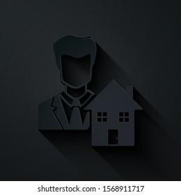 Paper cut Realtor icon isolated on black background. Buying house. Paper art style. Vector Illustration
