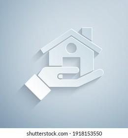 Paper cut Realtor icon isolated on grey background. Buying house. Paper art style. Vector.