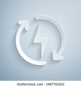 Paper cut Recharging icon isolated on grey background. Electric energy sign. Paper art style. Vector Illustration