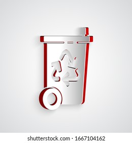 Paper cut Recycle bin with recycle symbol icon isolated on grey background. Trash can icon. Garbage bin sign. Recycle basket sign. Paper art style. Vector Illustration