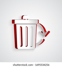 Paper cut Recycle bin with recycle symbol icon isolated on grey background. Trash can icon. Garbage bin sign. Recycle basket sign. Paper art style. Vector Illustration