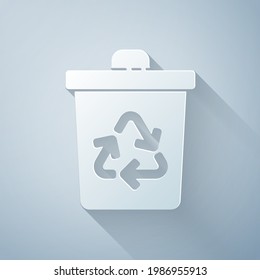 Paper cut Recycle bin with recycle symbol icon isolated on grey background. Trash can icon. Garbage bin sign. Recycle basket sign. Paper art style. Vector Illustration