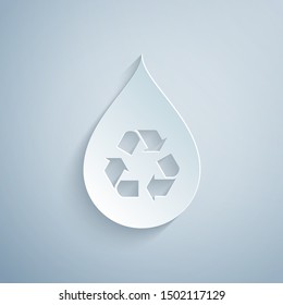 Paper cut Recycle clean aqua icon isolated on grey background. Drop of water with sign recycling. Paper art style. Vector Illustration