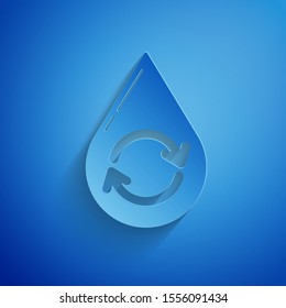 Paper cut Recycle clean aqua icon isolated on blue background. Drop of water with sign recycling. Paper art style. Vector Illustration