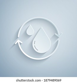 Paper cut Recycle clean aqua icon isolated on grey background. Drop of water with sign recycling. Paper art style. Vector.