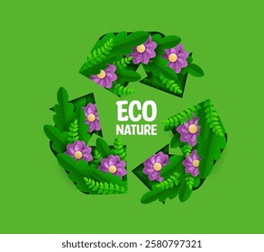 Paper cut recycle sign with green leaves and flowers, environment banner. 3d vector eco friendly emblem with lush vegetation and vibrant purple blooms, promotes nature sustainability and awareness