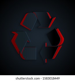 Paper cut Recycle symbol icon isolated on black background. Circular arrow icon. Environment recyclable go green. Paper art style. Vector Illustration