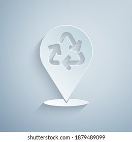 Paper cut Recycle symbol icon isolated on grey background. Circular arrow icon. Environment recyclable go green. Paper art style. Vector.