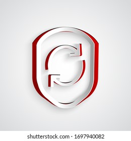 Papierschnitt Recycling-Symbol innerhalb des Schildes Symbol einzeln auf grauem Hintergrund. Umweltzeichen. Kunststil aus Papier. Vektorillustration-Illustration