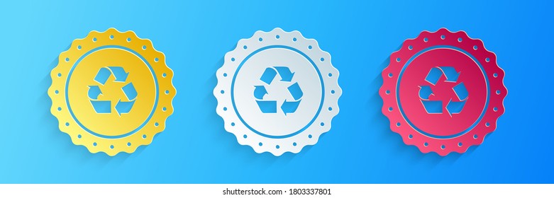 Paper cut Recycle symbol label icon isolated on blue background. Environment recycling symbol. Paper art style. Vector.