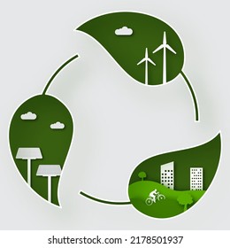 Paper Cut Recycling Leaves With Solar Panels, Buildings, Bicyclist, Windmills And Tree On Gray Background.