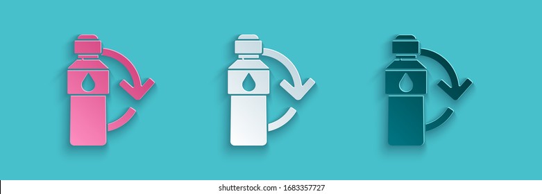 Paper cut Recycling plastic bottle icon isolated on blue background. Paper art style. Vector Illustration