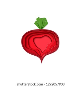Paper cut red beet. Vector paper craft design in the form of half slice beetroot. Vector card illustration. Paper applique art style root vegetable. Origami concept.