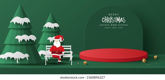 Cortado de papel de podio de cilindro rojo para los productos mostrar presentación con árbol de Navidad sobre fondo verde, Feliz Navidad y feliz año nuevo. Ilustración del vector