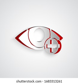 Paper cut Red eye effect icon isolated on grey background. Eye redness sign. Inflammatory disease of eyes. Paper art style. Vector Illustration