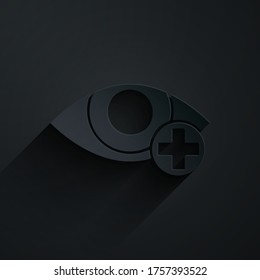 Paper cut Red eye effect icon isolated on black background. Eye redness sign. Inflammatory disease of eyes. Paper art style. Vector Illustration