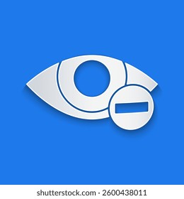 Paper cut Red eye effect icon isolated on blue background. Eye redness sign. Inflammatory disease of eyes. Paper art style. Vector Illustration