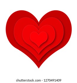 Paper cut red heart isolated on white background, origami concept and Valentine's day idea for greeting card design, vector art and illustration, symbol of love.