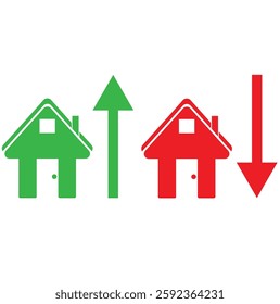  paper cut of red house and green house, concept of rising and falling house prices, real estate market, value going up or down, american real astate, green going up,red going down, isolated on white 