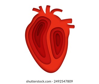 Corazón humano rojo cortado en papel para Anuncio médico de cardiología o caridad de la salud, ícono de Vector. Afiche cortado el corazón para medicina cardíaca, Día Mundial de la Salud Cardíaca o insignia de campaña social de donantes de vida