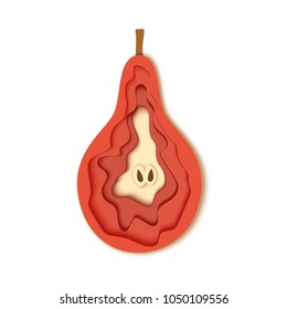 Paper cut red pear. Vector illustration. Paper art style apple. 