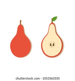 Paper cut red pear. Vector illustration. Paper art style apple. Origami concept. Vector paper cut design in the form of pear for design of food packaging breakfast, detox, cosmetics, jam, juice