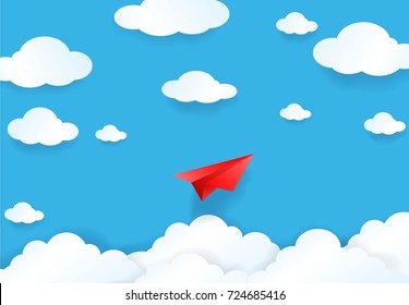 Paper cut of red plane on blue sky with cloud and sun light