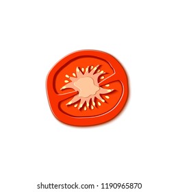 Paper cut red tomato. Vector paper cut design in the form of ripe slice tomato for design of food packaging. Vector illustration. Paper applique art style vegetable. Origami concept