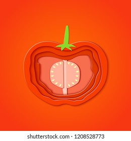 Paper cut red tomato. Vector paper cut design in the form of ripe half tomato for design of food packaging. Vector illustration. Paper applique art style vegetable. Origami concept