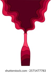 Paper cut red wine bottle with fluid waves. 3d vector layered papercut liquid flow of dark ruby colored splash of wine, emanating from the glass flask opening, create a dynamic and elegant effect