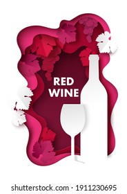 Paper cut red wine splash with grapes, bottle and wine glass silhouettes, vector illustration. Restaurant menu, poster, banner, flyer template.
