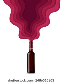 Paper cut red wine waves with bottle. 3d vector layered papercut style liquid flow of dark ruby color, emanating from the glass flask opening, create a dynamic and elegant effect, for bar menu promo