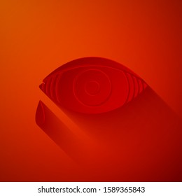 Paper cut Reddish eye due to viral, bacterial or allergic conjunctivitis icon isolated on red background. Paper art style. Vector Illustration