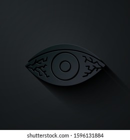 Paper cut Reddish eye due to viral, bacterial or allergic conjunctivitis icon isolated on black background. Paper art style. Vector Illustration