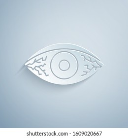 Paper cut Reddish eye due to viral, bacterial or allergic conjunctivitis icon isolated on grey background. Paper art style. Vector Illustration