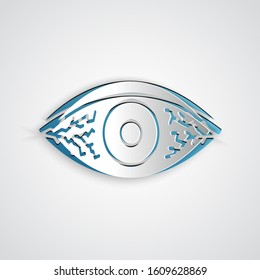 Paper cut Reddish eye due to viral, bacterial or allergic conjunctivitis icon isolated on grey background. Paper art style. Vector Illustration