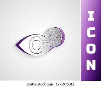 Paper cut Reddish eye due to virus, bacterial or allergic conjunctivitis icon isolated on grey background. Paper art style. Vector Illustration