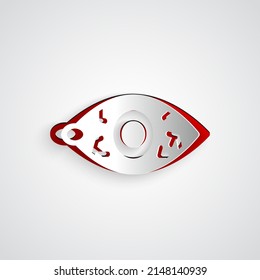 Papierschnitt Rotes Auge wegen viraler, bakterieller oder allergischer Konjunktivitis Symbol einzeln auf grauem Hintergrund. Kunststil aus Papier. Vektorgrafik