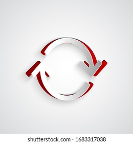 Icono de Refrescar con recorte de papel aislado en fondo gris. Volver a cargar símbolo. Las flechas de rotación en un signo circular. Estilo de arte de papel. Ilustración vectorial