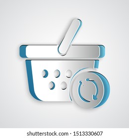 Paper cut Refresh shopping basket icon isolated on grey background. Online buying concept. Delivery service sign. Update supermarket basket. Paper art style. Vector Illustration